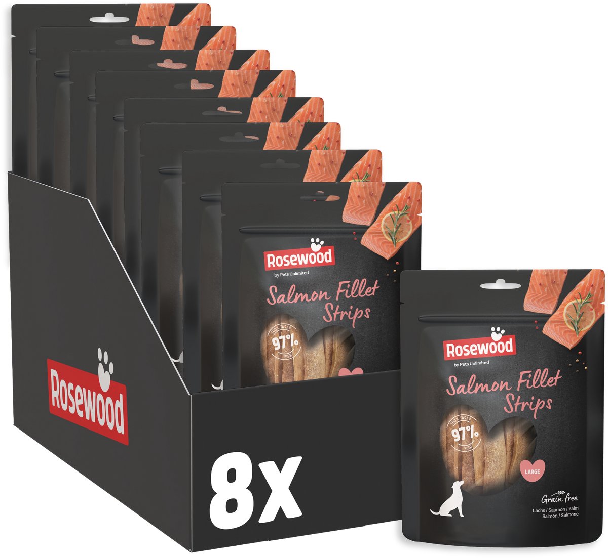 Rosewood Salmon Fillet Strips Large - Hondensnack met 97% Zalm - Eiwitrijk & Vetarm - Zonder Granen - 8 zakjes à 150g