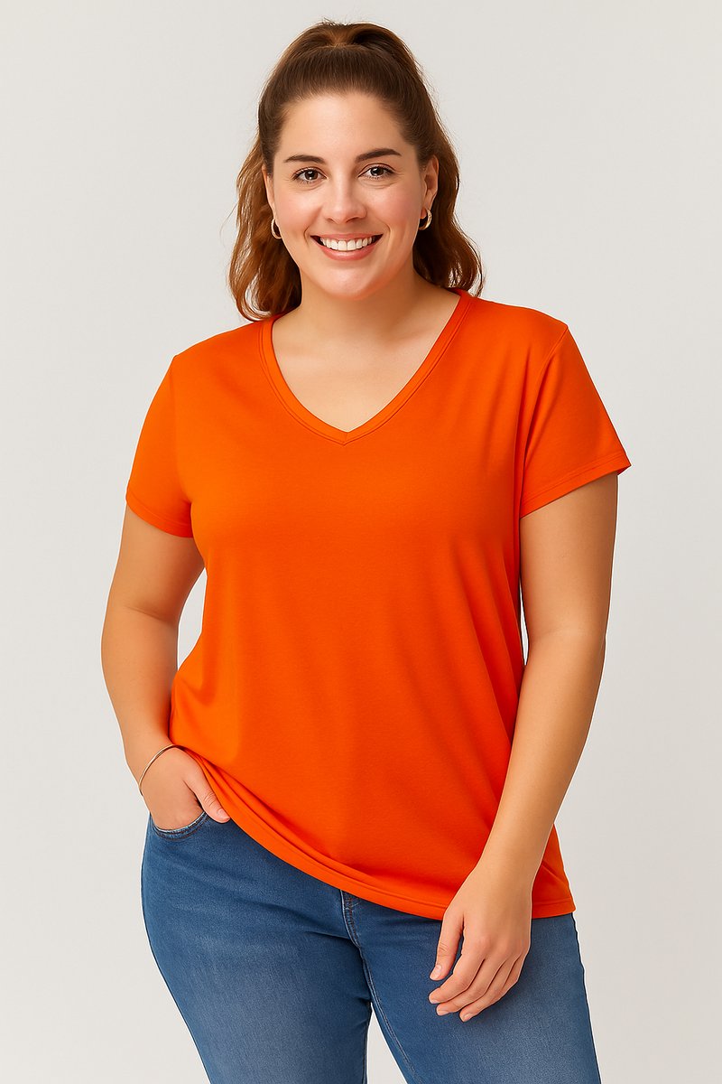 Dames Large V-Hals Basic Kortemouw T-Shirt Oranje