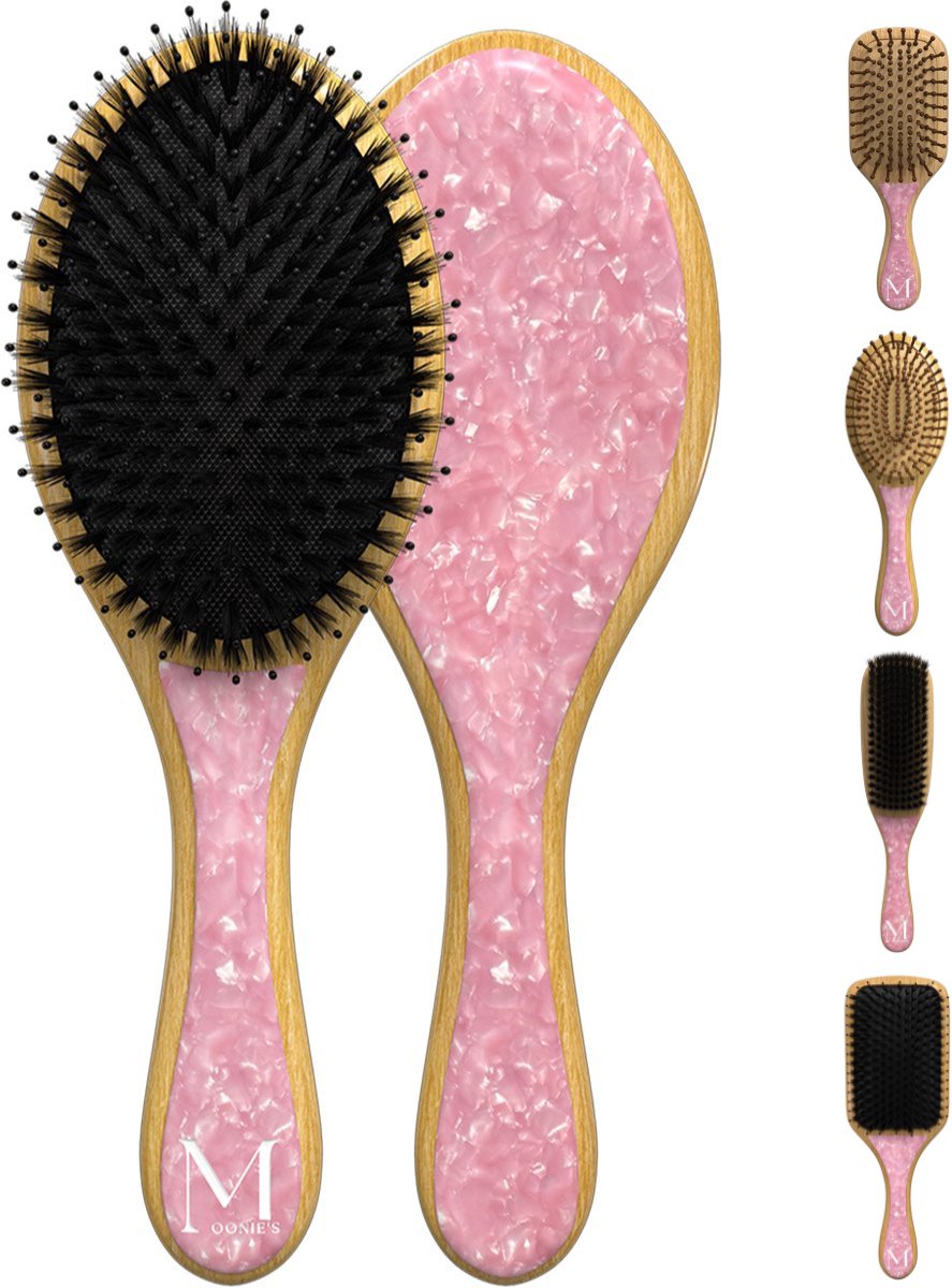 Moonie's Bamboe Haarborstel - Rond - Anti-klit - Acetaat - Roze