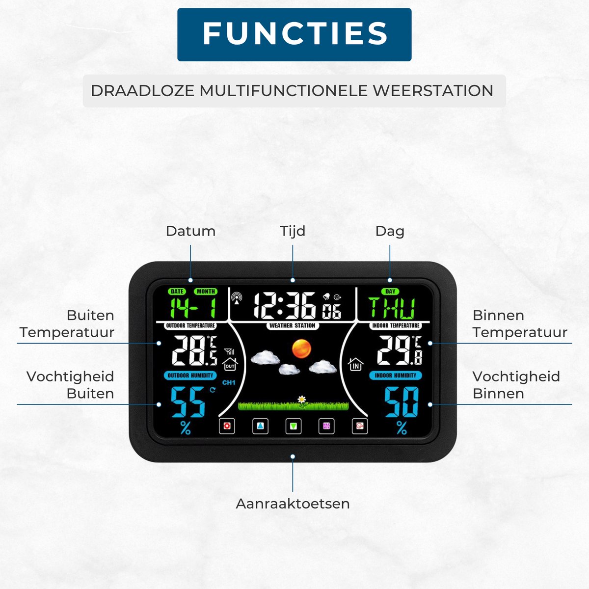 Wanap Weerstation, draadloos weerstation met buitensensor, digitaal weerstation voor binnen en