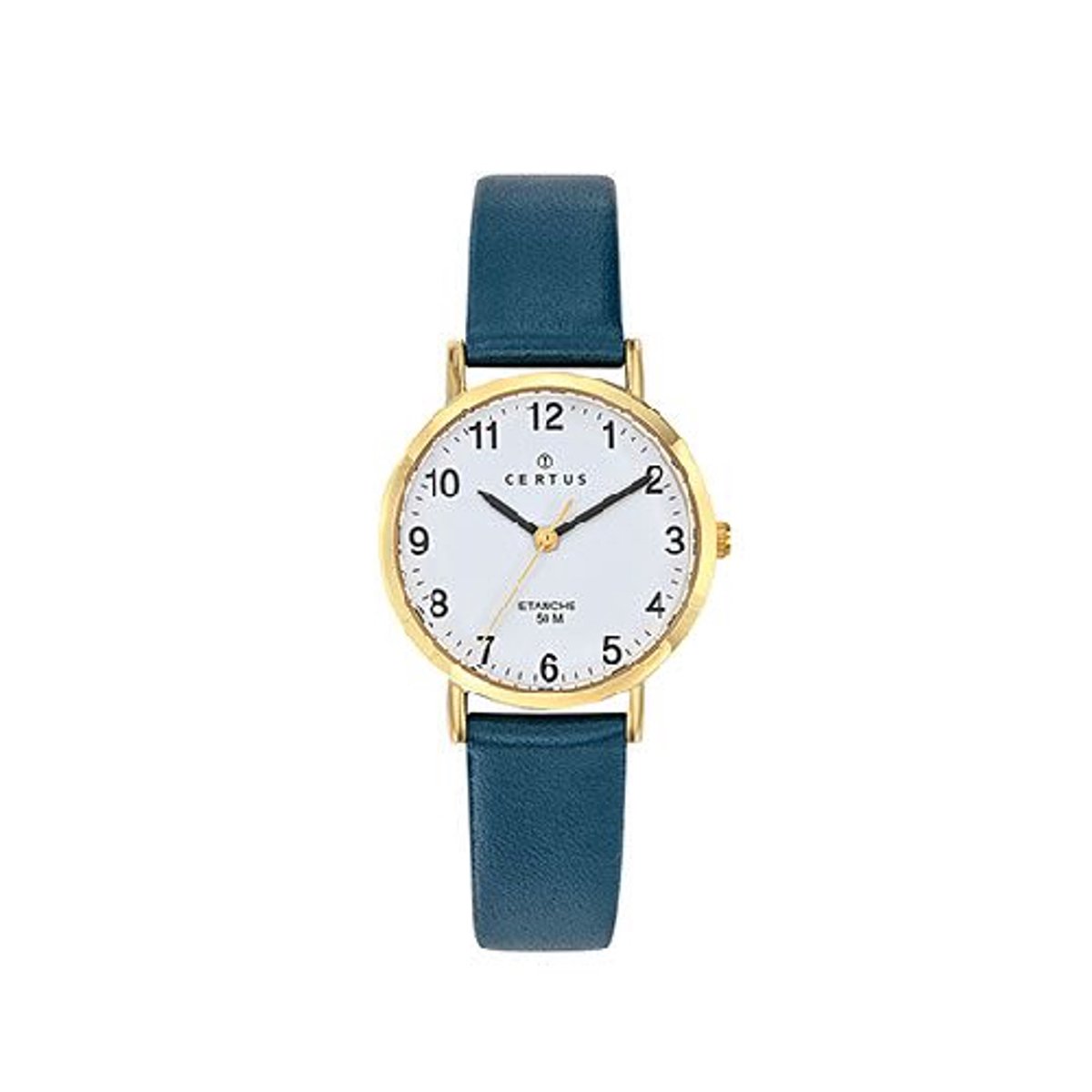 Certus-Dameshorloge-model 646581-petrol kleur lederen band-rond-goudkleurig - 5 atm waterdicht - diameter 28 mm-made in France