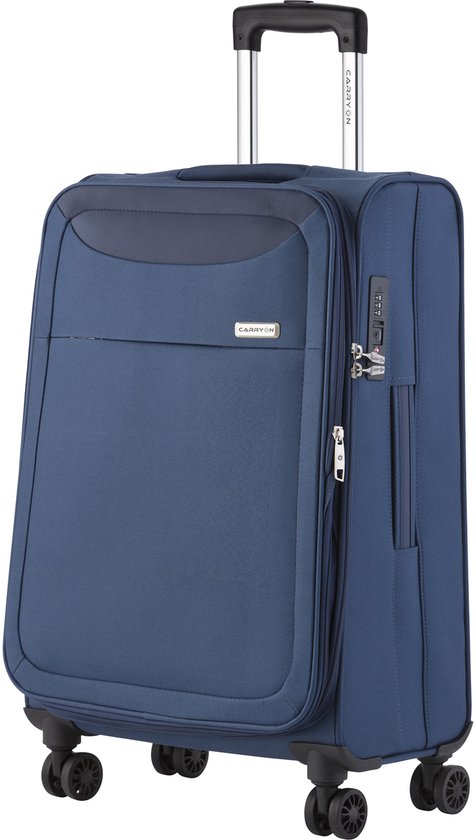 Blauwe CarryOn koffer met uitschuifbaar handvat, TSA-slot en vier dubbele wielen. De koffer is staand afgebeeld.