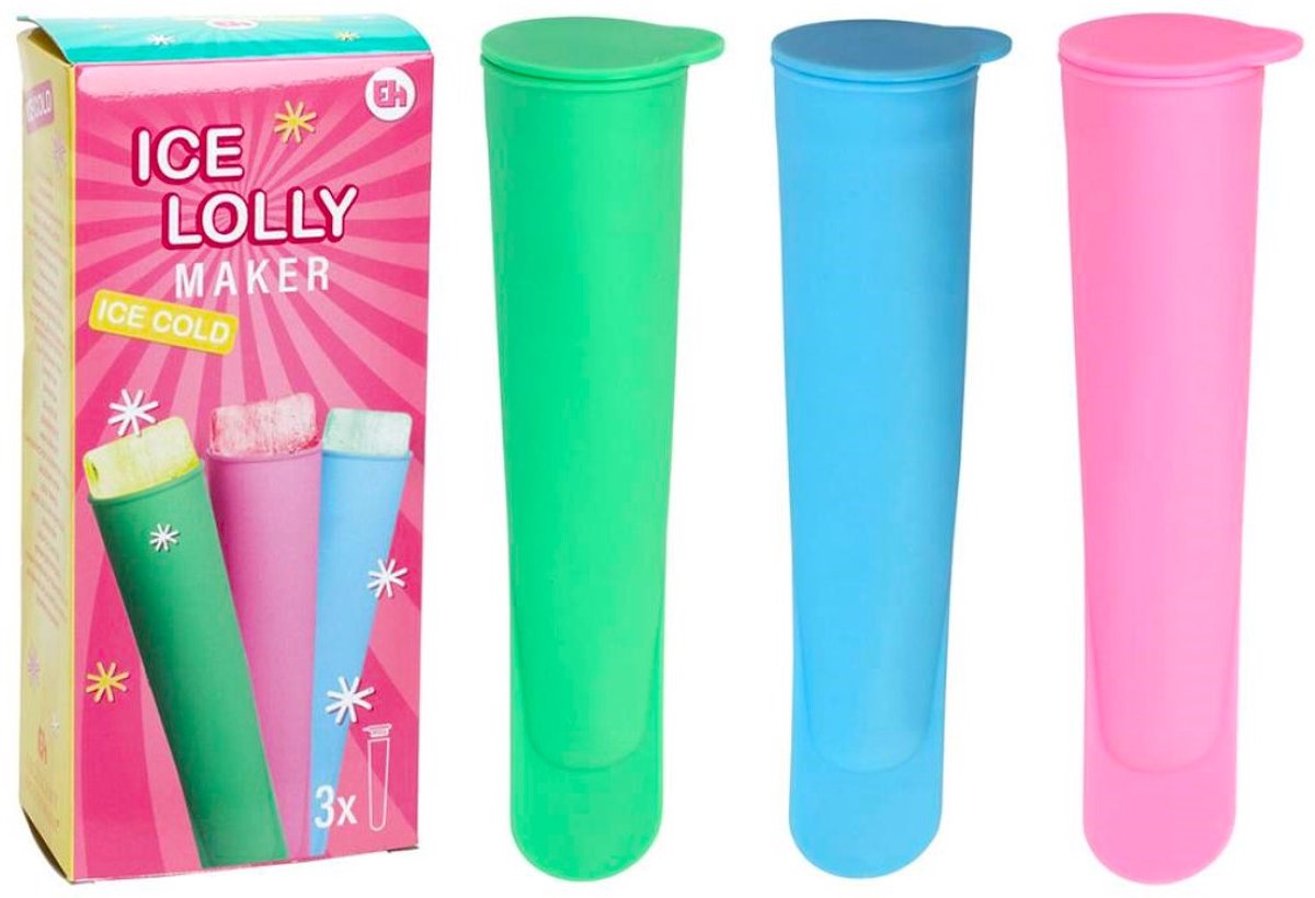 Zelf ijs maken / ijslollymaker / set van 3 siliconen waterijs vormen met dop in 3 kleuren (roze / groen / blauw) geschikt om zelf in te vriezen