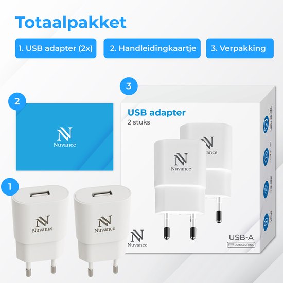 Inhoud van de verpakking: 2 Nuvance USB-A opladers, handleiding en verpakking.