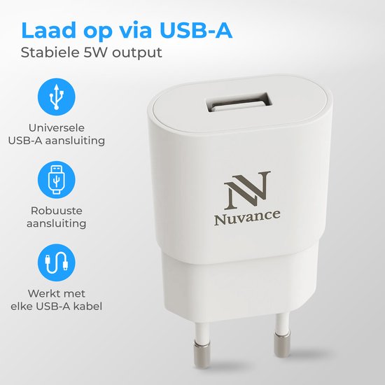 Witte Nuvance USB-A oplader met logo, 5W output, universele USB-A aansluiting, werkt met elke USB-A kabel.