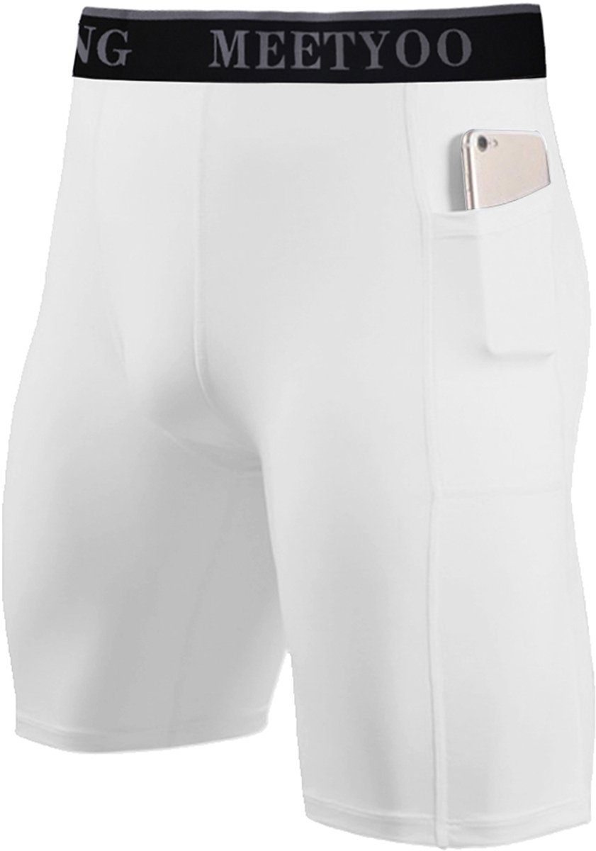 MEETEU Legging Heren Sportbroek - Compressieshorts voor heren met zakje, compressieondergoed voor heren, sportshorts, hardloop- en fitnessshorts-Wit-XXL