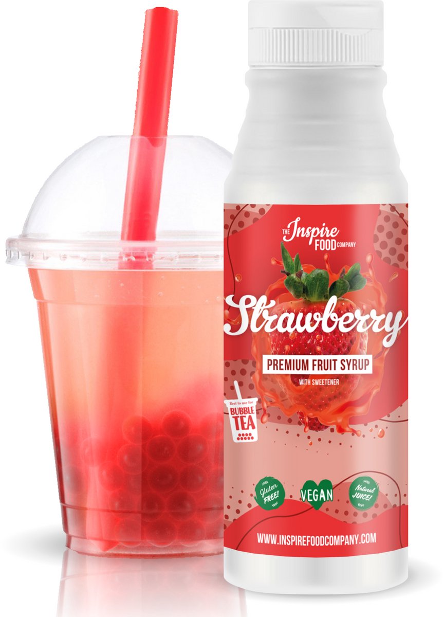 Inspire Food Company – Fruitsiroop Bubble Tea – Aardbei – 100% natuurlijk, geen kunstmatige kleurstoffen toegevoegd – 300 ML