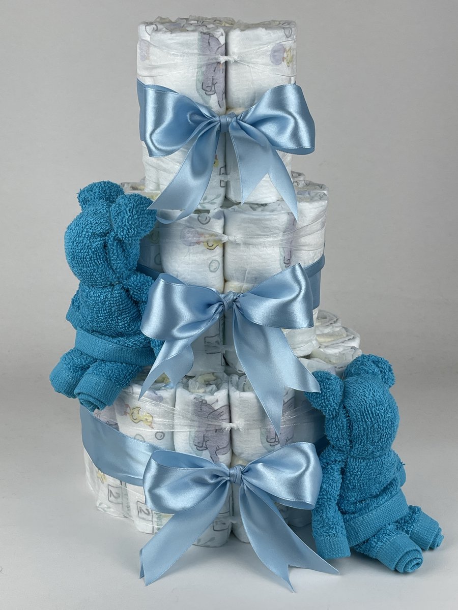 Chouette-Chouette | Luiertaart Jongen | Kraamcadeau | Geboorte Jongen | Babyshower | Beren Aqua blauw - Blauw