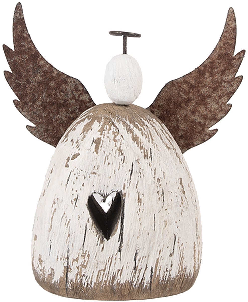 Clayre & Eef Decoratie Beeld Engel 13x5x14 cm Wit Bruin Hout