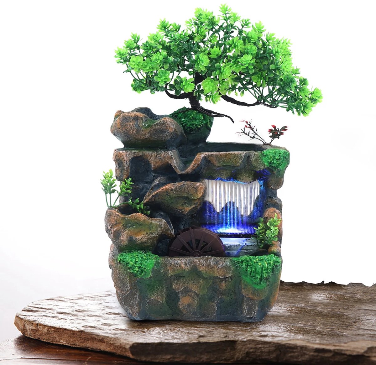 Aiverig® Tafelfontein Binnen & Waterval Decoratie – Desktopfontein met Sparkling LED-verlichting – Rustgevende Watergeluiden – Voor Bureau, Woonkamer & Slaapkamer