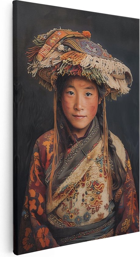 Foto: Artaza canvas schilderij tibetaans meisje met een traditionele tibetaanse hoed 20x30 klein foto op canvas canvas print