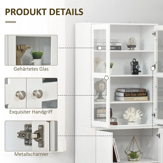 Sweiko Boekenkast - Vitrinekast - Glazen deuren - 76 × 40 × 178.5 cm - Wit