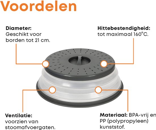 Couvercle de micro-ondes gris pliable avec des étiquettes indiquant le diamètre (jusqu'à 21 cm), la ventilation (évacuation de la vapeur), la résistance à la chaleur (jusqu'à 160°C) et le matériau (PP sans BPA).