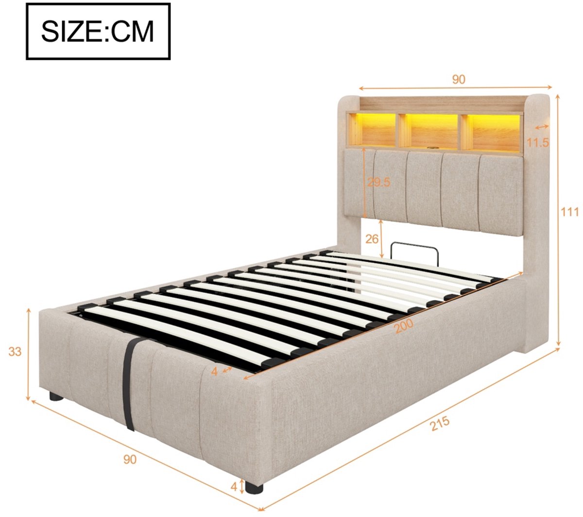 PugsdrlyGestoffeerd bed 90*200 cm met ledverlichting en USB-aansluiting, hoofdeinde met opbergvlakken en opbergruimte, met hydraulische opbergruimte, eenpersoonsbed voor kinderen, beige linnen — cadeau in Cadeau-ideeën - foto 3