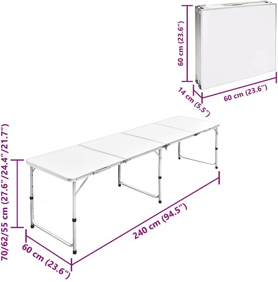 vidaXL - Campingtafel - inklapbaar - en - verstelbaar - 240x60 - cm - aluminium van Merkloos — afbeelding 5