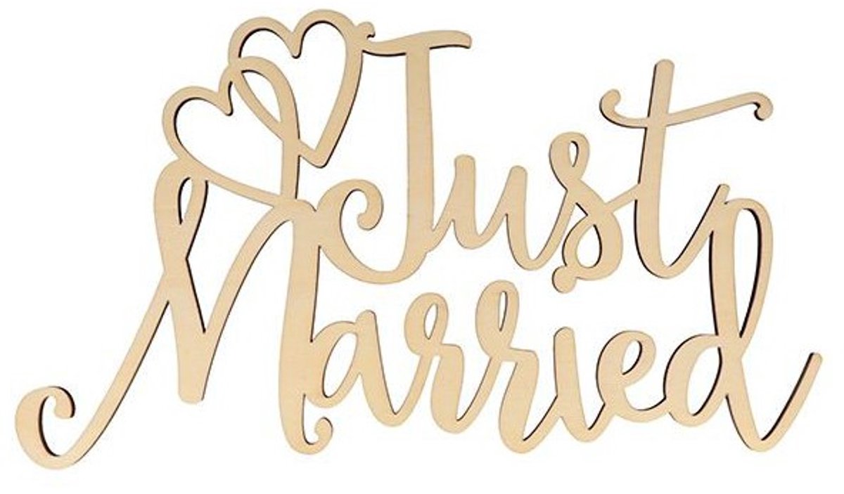 Houten woord "Just Married" – 40 x 23,3 x 0,7 cm – Onbehandeld FSC-hout.