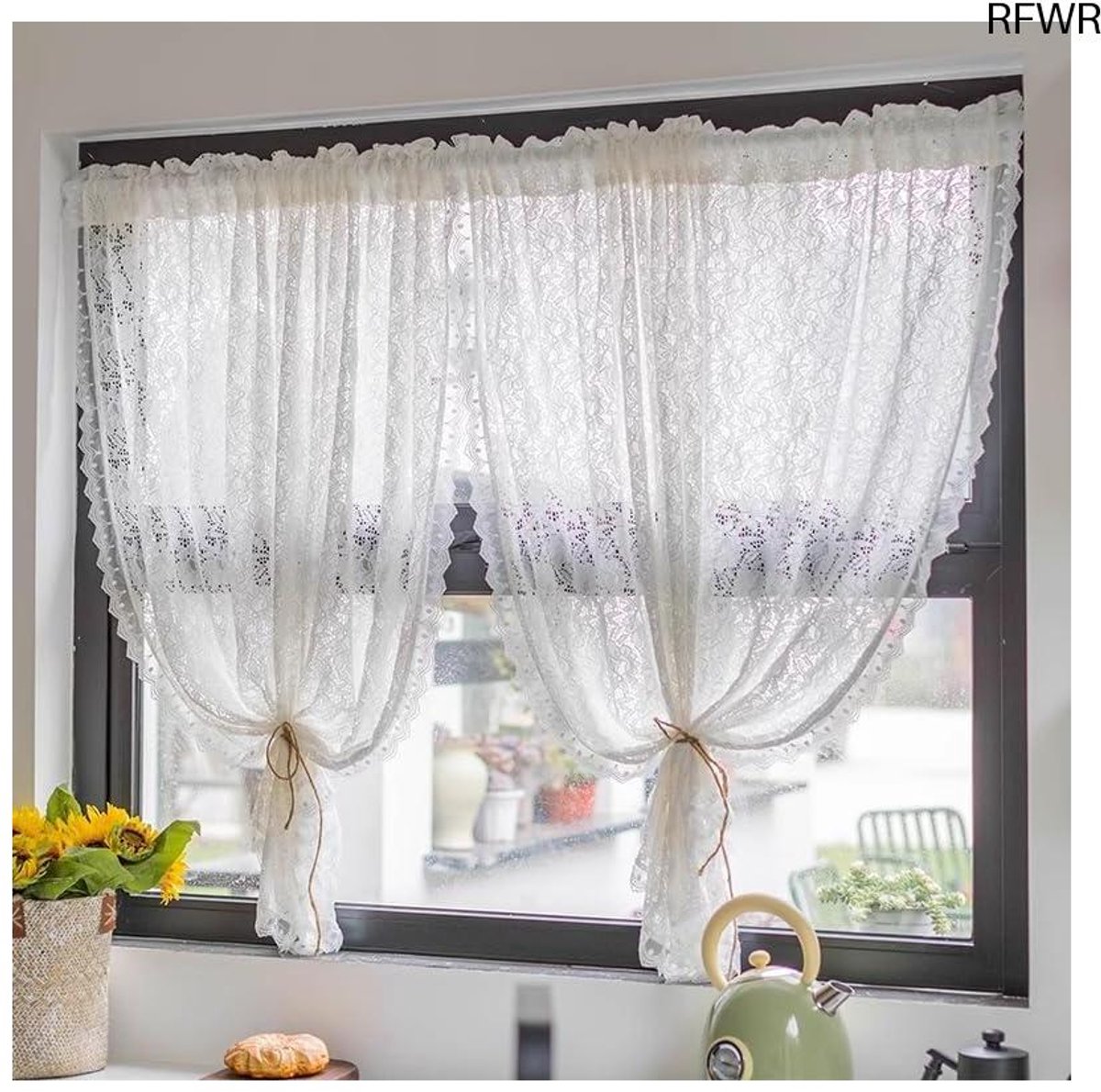 RFWR Transparante Vitrage Gordijnen met Bloemenpatroon en Trekkoord voor De woonkamer en Keuken - 145x140cm wit