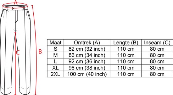 Maattabel voor een broek met de maten S tot 2XL, met omtrek, lengte en binnenbeenlengte.