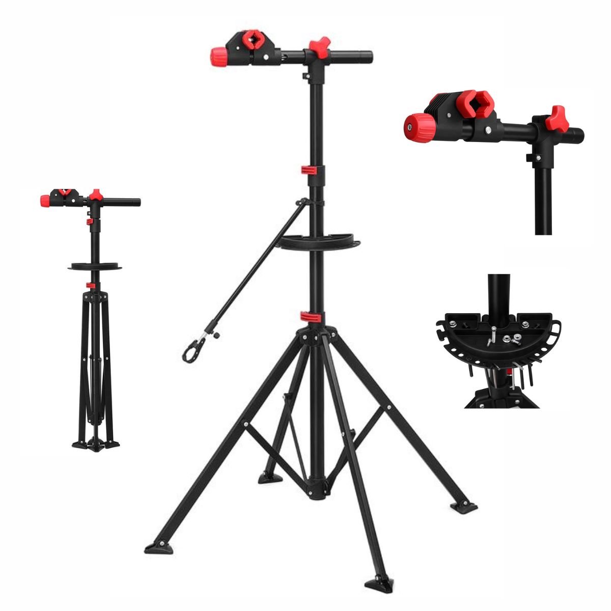 Signature Home Professioneel Fiets Montagestandaard - Fietslift 114-190cm - Fietsenstandaard Uitschuifbaar met Gereedschapsbakje en inclusief hanger - Fietshanger metaal - 360° draaibaar - zwart