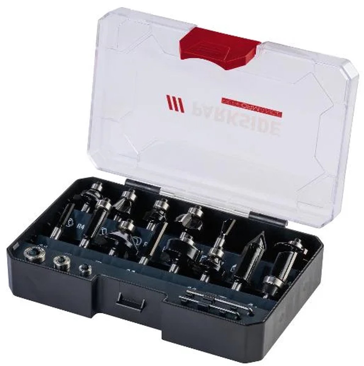 PARKSIDE PERFORMANCE® Freesbitset - Toerental: 30.000 tpm - 15 freesbits met duurzame hardmetalen snijkant, daarvan 9 met kogelgelagerde aanloopring - Precieze bewerking van zacht hout, spaanplaten, multiplex en MDF platen - Incl. 2 inbussleutel