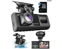 RFWR® Dashcam met 3 Camera's voor Auto - Full HD 170° Groothoek - Bewegingsdetectie & Parkeerstand - Loopopname - Inclusief 32 GB Micro SD-kaart