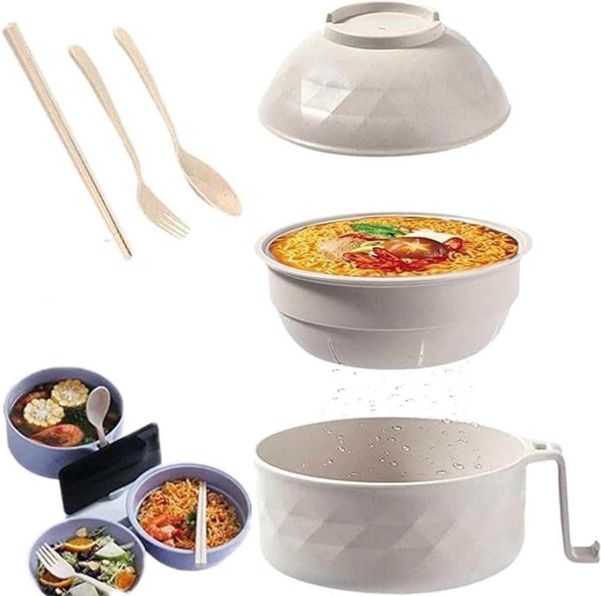 Allecto Plus - Ramen-kommenset met deksel en bestek - Japanse serviesset voor ramen - Magnetronbestendig - Compleet met lepel, vork en eetstokjes - Thuis en cadeau-ideeën - Beige - Kwalitatieve serviesset