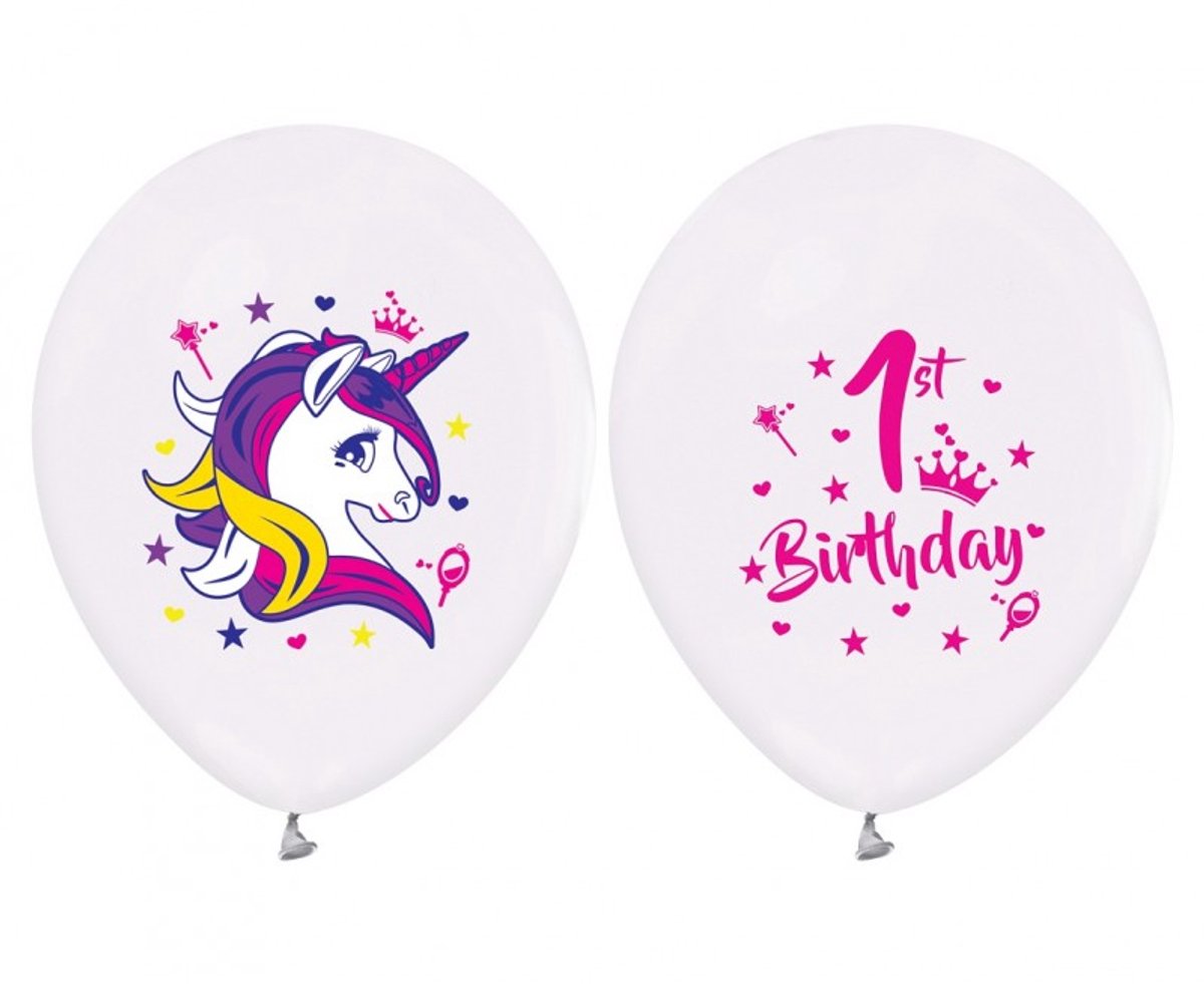 ballonnen "Eenhorn 1st Bithday"", Ø ± 30 cm, Set van 5 geschikt voor lucht of helium. Los verpakt. Unicorn one year