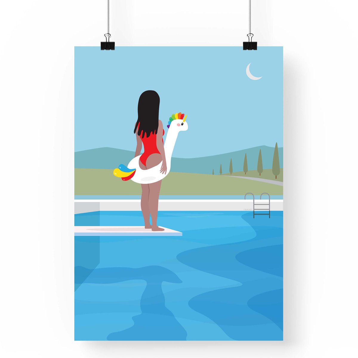 Artprint Duikplank - A4 formaat - duiker illustratie | Meisje staat klaar om in het zwembad te springen met haar opblaasbare eenhoorn zwemband