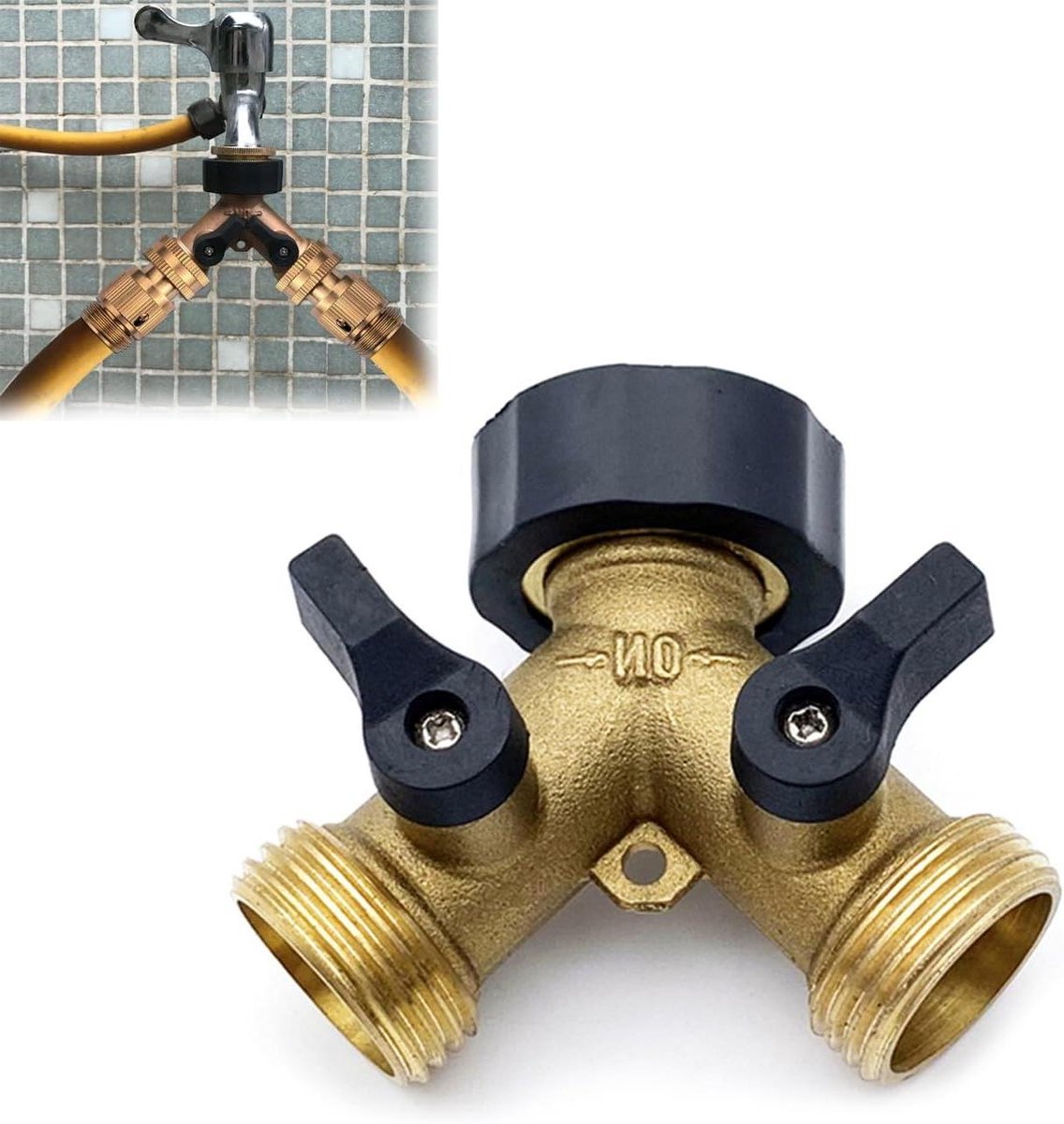 Brass Y-connector met 2-weg tuinslang kraan verbinding en twee onafhankelijke afsluitkleppen