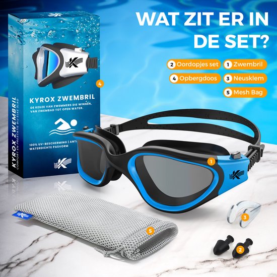 Kyrox zwembril met blauwe en zwarte accenten, inclusief oordopjes, neusklem en mesh tas.