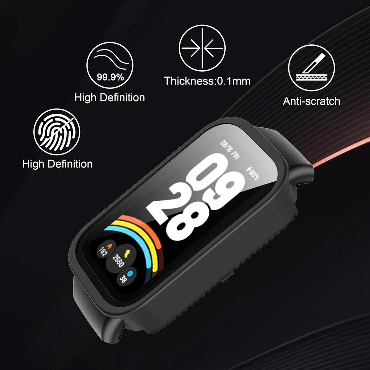 Allecto Plus - Beschermhoes voor Activiteitstracker met Schermfolie - Krasbestendig en Stofdicht - Transparant + Zwart - Geschikt voor Xiaomi Smart Band 9.