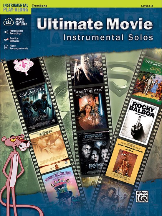 Livre intitulé Ultimate Movie Instrumental Solos, avec des images de films et le Pink Panther.