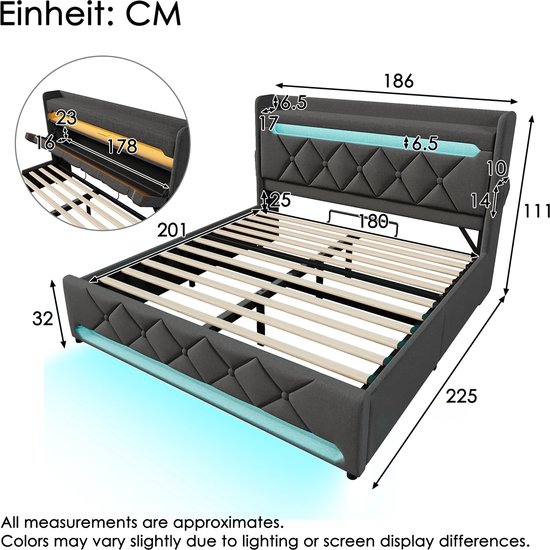 Lit double rembourré 180x200 avec ports USB et Type C - éclairage LED- lit avec coffre hydraulique - gris - sans matelas