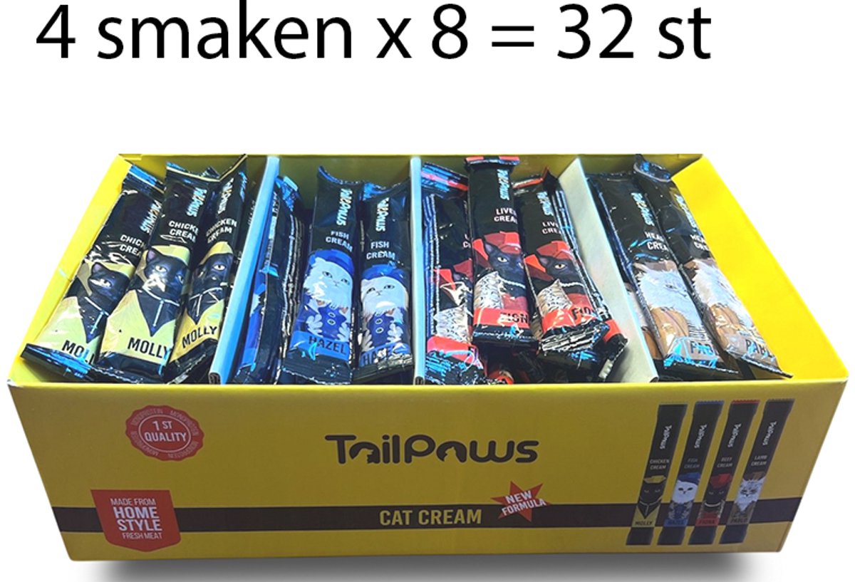 tailpaws Likbare snacks voor katten 4 smaken - 1ste kwaliteit:monoproteïne - Voordeelpack 32 Stuks - Kattensnack -32x 15 gr = 480 gr
