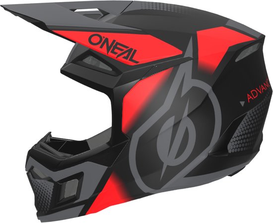 Casque de moto noir avec motifs rouges et gris, logo 'O'NEAL' et texte 'ADV'.