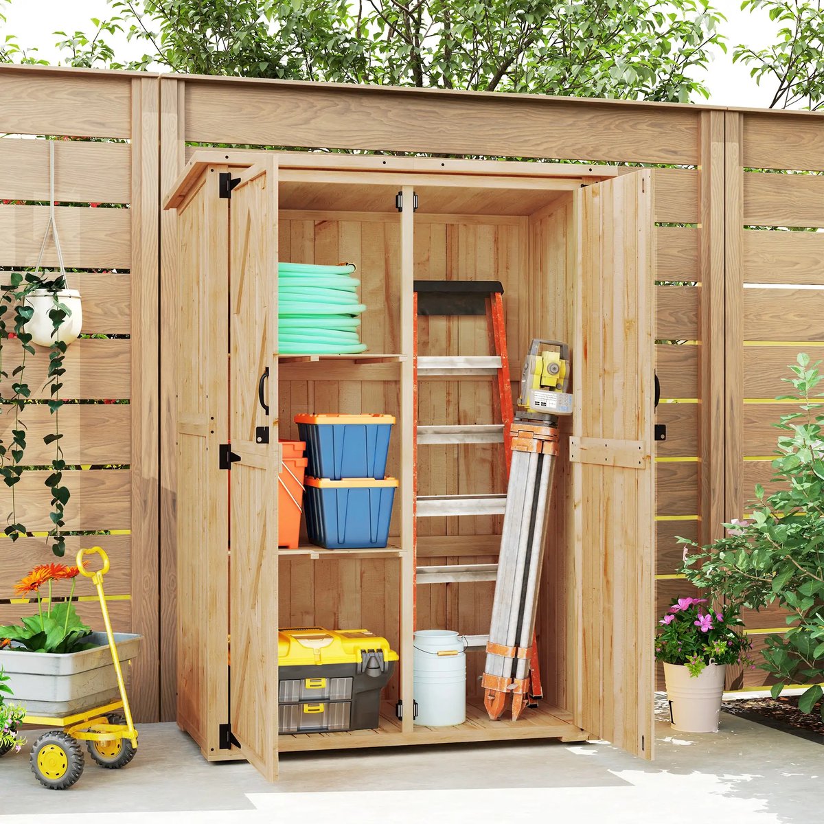 Pugsdrly Tuinberging, houten schuur voor gereedschap en tuingereedschap, asfalten dak, dubbele deuren, vurenhout, lichtbruin