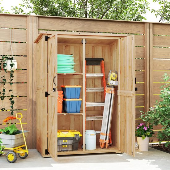 Pugsdrly Tuinberging, houten schuur voor gereedschap en tuingereedschap, asfalten dak, dubbele deuren, vurenhout, lichtbruin