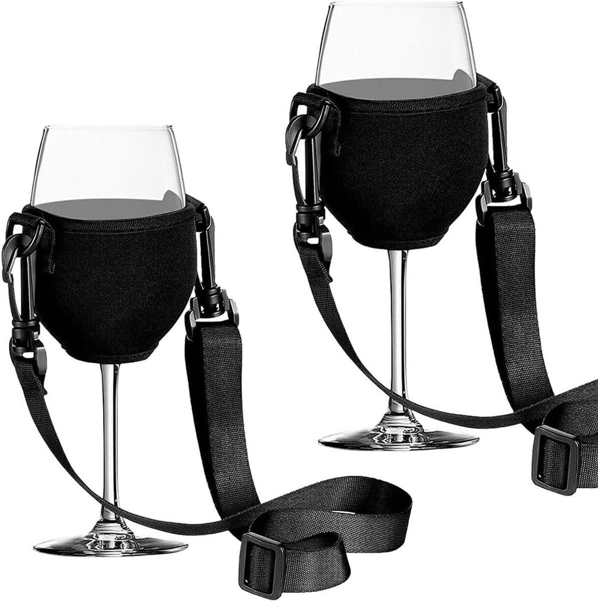 Allecto Plus - Set van 2 verstelbare wijnglashouders om op te hangen voor outdoor-activiteiten en feestjes.