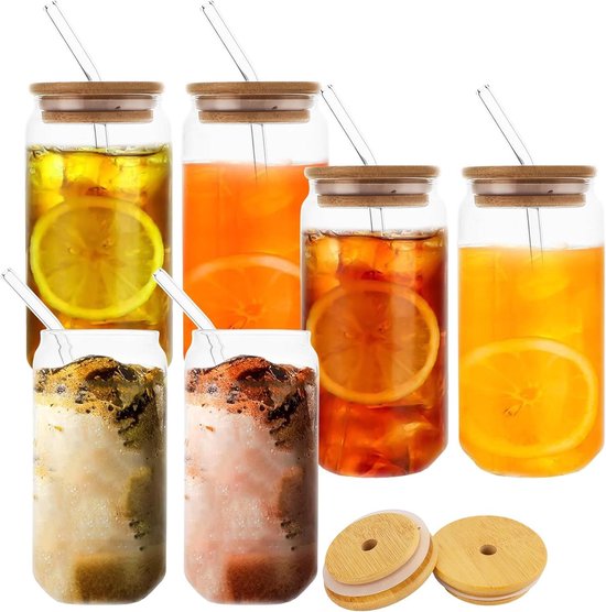 HAOYULUO Set van 4 glazen met deksel en rietje, 500 ml drinkglazen met deksel, blikvormige glazen bekers, geschikt voor ijskoffiekopjes, limonades, smoothies, bier, cocktails (500 ml, 4 stuks