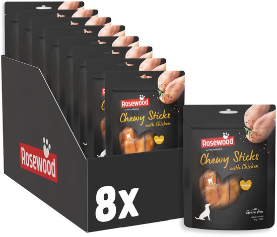 Rosewood Chewy Sticks Kip Medium - Kauwstaven voor Honden - Met Kip & Runderhuid - Graanvrij & Zonder Kunstmatige Toevoegingen - 8 zakjes à 4 kauwstaven