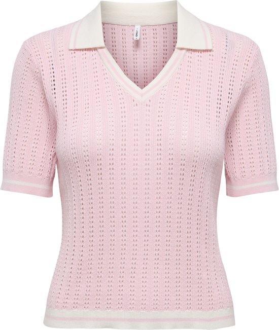 Polo rose en maille à manches courtes, col V, col blanc et rayures blanches sur l'ourlet et les manches.