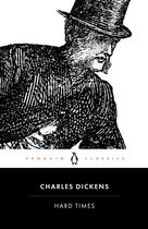 Boekcover van 'Hard Times' door Charles Dickens, met een zwart-wit gravure van een man met hoge hoed.