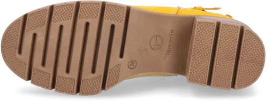 Bruine profielzool van een laars met Tamaris-logo en maat 38.