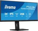 Vooraanzicht van een zwarte iiyama ProLite XUB3493WQSU monitor. 34-inch IPS plat paneel met USB-hub, 86.7cm, 3440x1440 resolutie en 15cm hoogteverstelling.