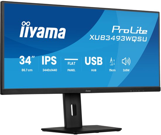 Vooraanzicht van een zwarte iiyama ProLite XUB3493WQSU monitor. 34-inch IPS plat paneel met USB-hub, 86.7cm, 3440x1440 resolutie en 15cm hoogteverstelling.