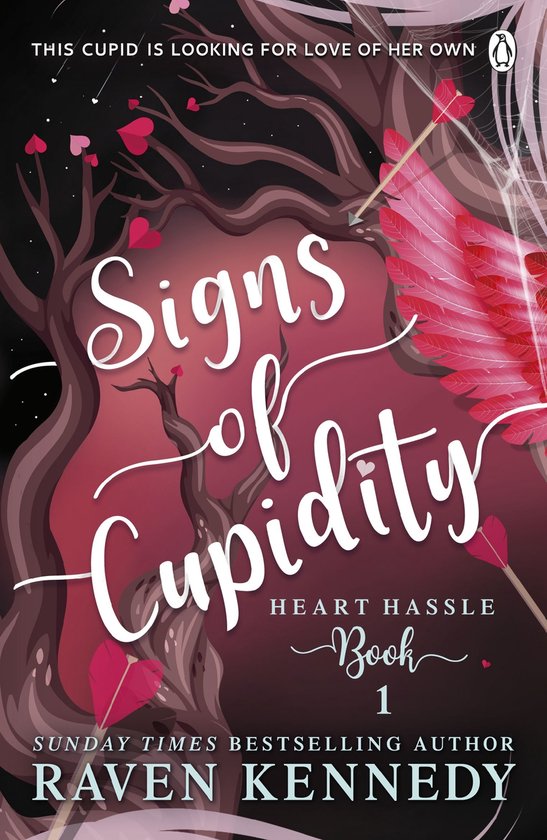 Couverture de livre avec le titre 'Signs of Cupidity' en lettres fantaisistes, avec des ailes rouges et des cœurs.