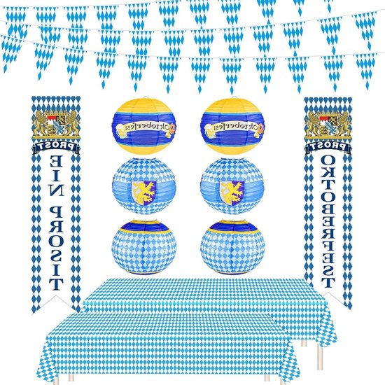 Oktoberfest Decoraties Party Kit - Foto Achtergrond Veranda Welkom Banner Teken - Beiers Tafelkleed Geruit Vlag - Duits Wit en Blauw Thema Party Bier Festival Feestbenodigdheden (11 Stuks)
