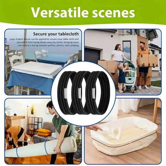 Toepassingen van de elastieken: tafelkleed bevestigen, verhuizen van dozen, rollen verplaatsen, en vuilnisbakken afdekken.