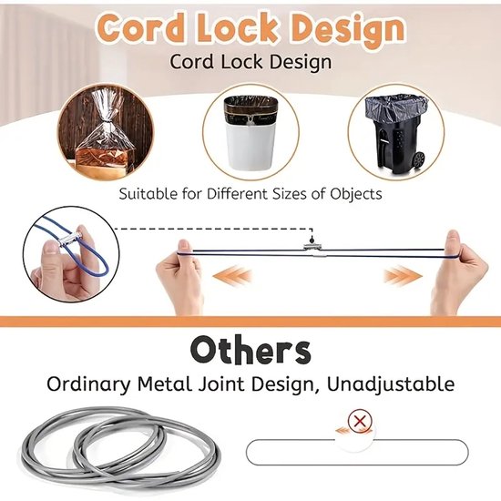 Demonstratie van de cord lock design, geschikt voor verschillende objecten zoals zakken, vuilnisbakken en containers. Verstelbaar.