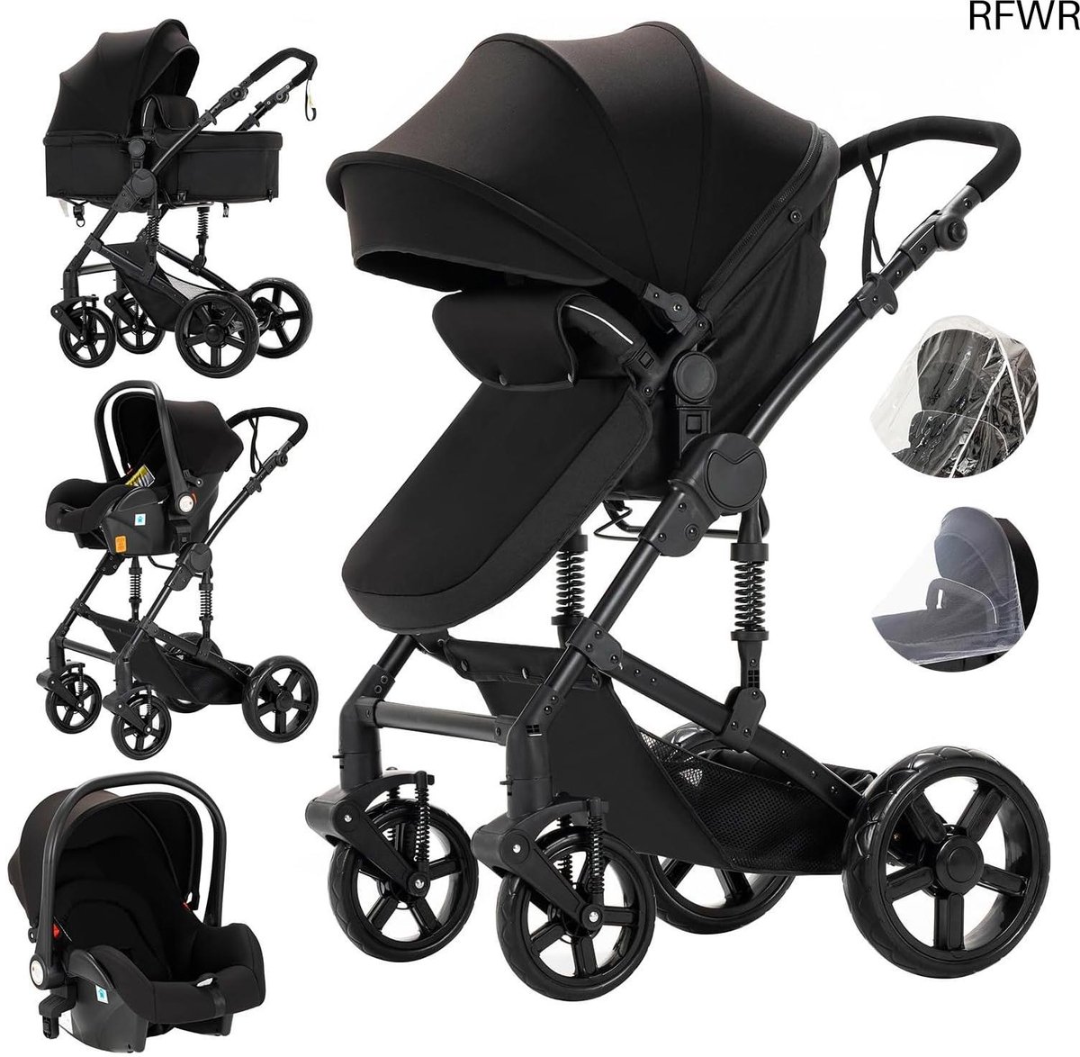 RFWR® 3-in-1 Kinderwagen met Hoge Zichtbaarheid - Opvouwbaar en Verstelbaar Reissysteem voor Baby's